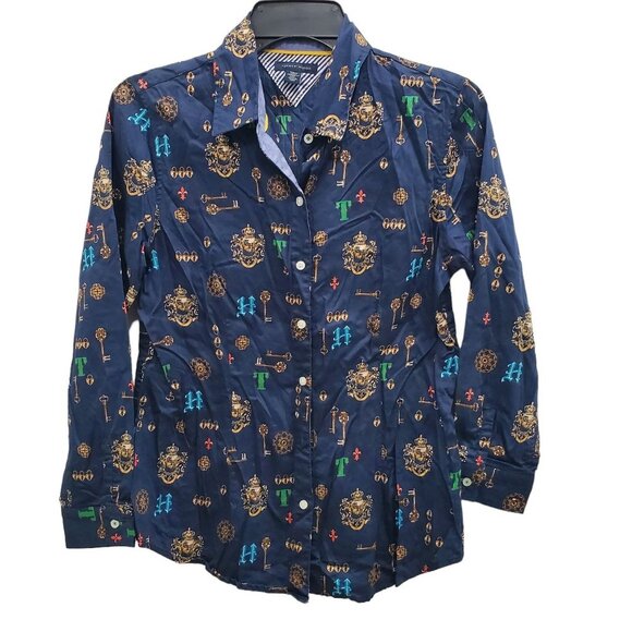 Tommy Hilfiger Women's Navy Preppy Academia Crest Graphic LS Button Up‎ Shirt M - Picture 1 of 6
